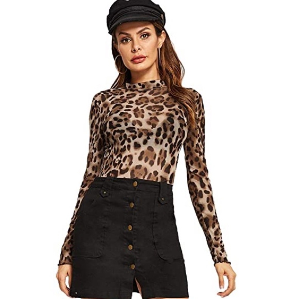 NEW sexy sheer cheetah long sleeve turtleneck